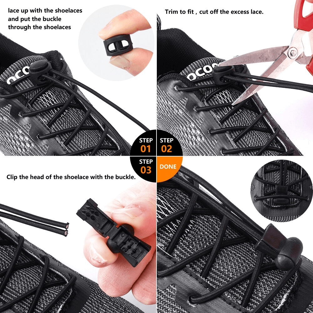 Guide to installing stylish elastic no-tie laces with spring buckles on sports shoes. Easy steps for a neat, tie-free look.